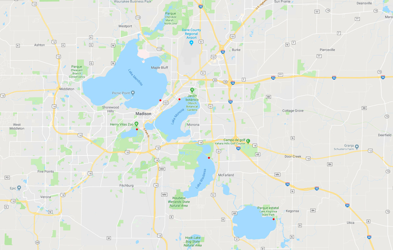 Monochrome paintings from the five lakes near the city of Madison (WI, US): Mendota, Monona, Wingra, Waubesa and Kegonsa